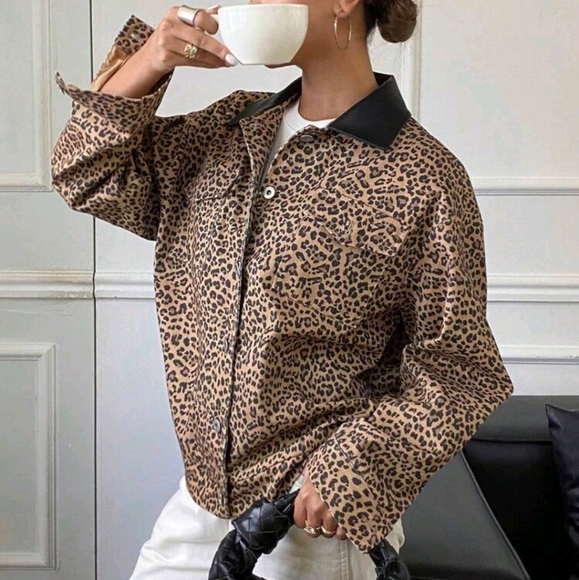 Leopard Print Patchwork Pu Collar Long Sleeve Pocket Women Jacket - Picture 6 of 8
